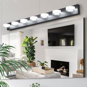 Modern 7-Light LED Vanity Light Fixture - Black Iron Finish with Acrylic Shades - Energy-Efficient Bathroom Wall Sconce - Dimmable, 52.2-Inch Length