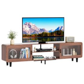 TV Stand for 55/60/65/70", Wood Entertainment Center with Power Outlets, Media Console with Sliding Doors and Open Shelf for Living Room