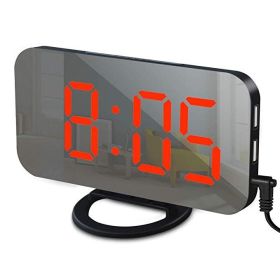 Digital LED Alarm Clock Mirror 2 USB Charger Ports Night Light LED Table Clock Snooze Function Adjustable Brightness Desk Clocks (Ships From: China, Color: Black-Red)